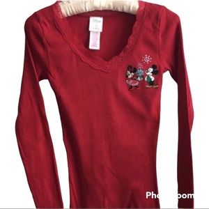 Disney Red Ribbed Christmas Holiday Long Sleeves Shirt Size XS